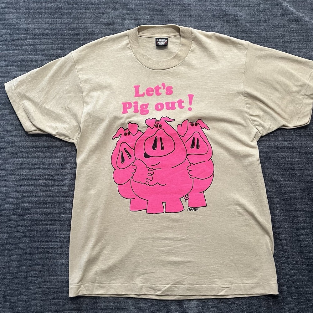 Vtg Funny Pig Graphic T Shirt Let's Pig Out Light Up Eyes XL USA Single Stitch